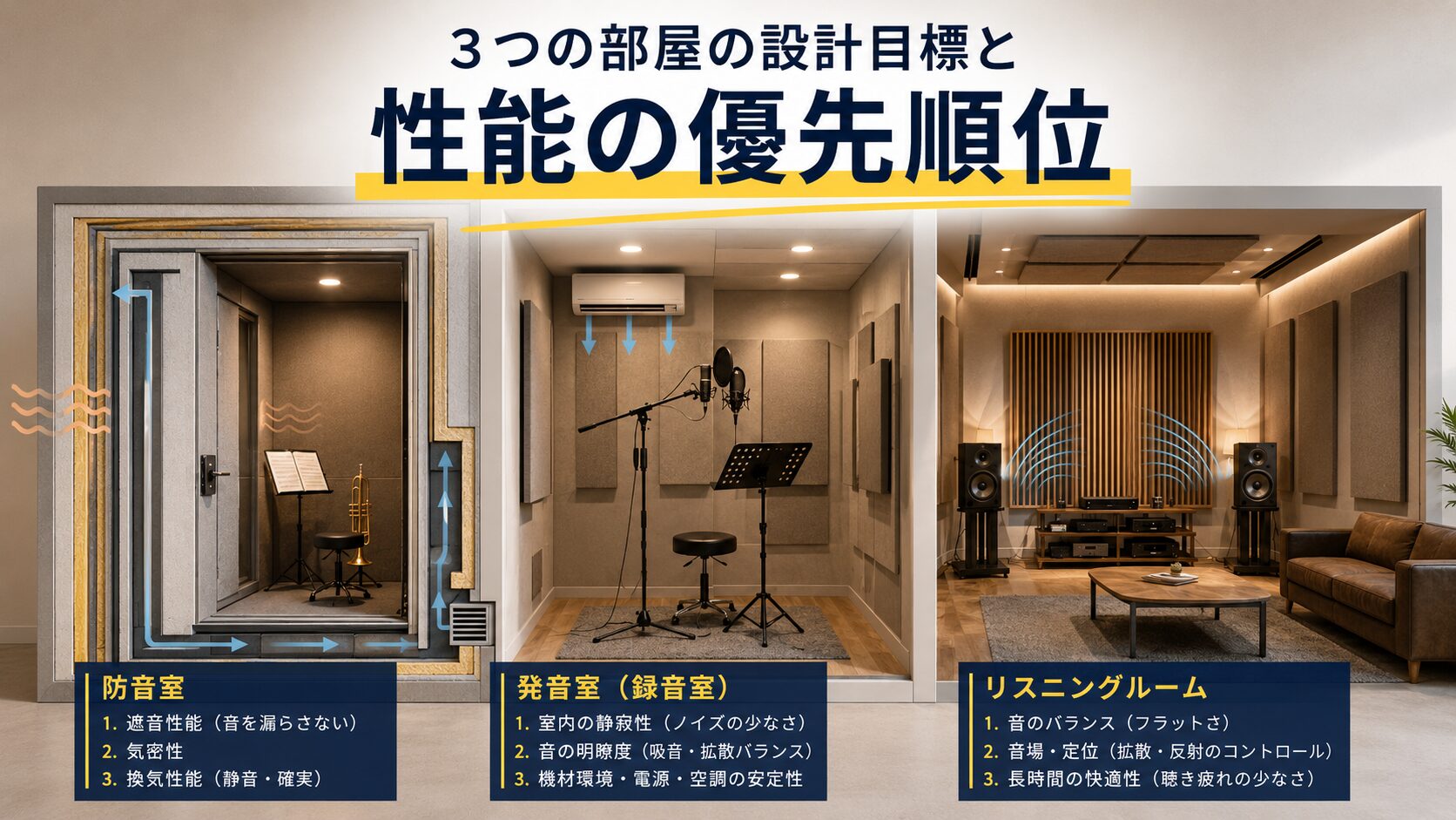 防音室・録音室・リスニングルームの設計目標と性能差を表す断面イメージ