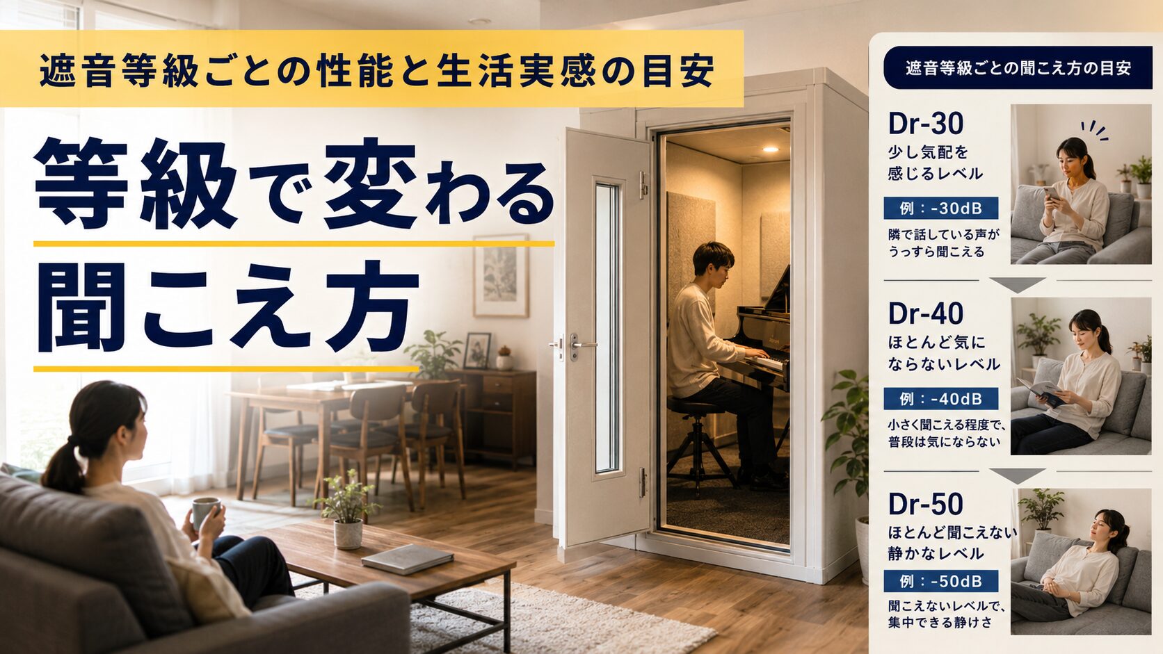 遮音等級ごとの聞こえ方の違いを生活空間で示した画像