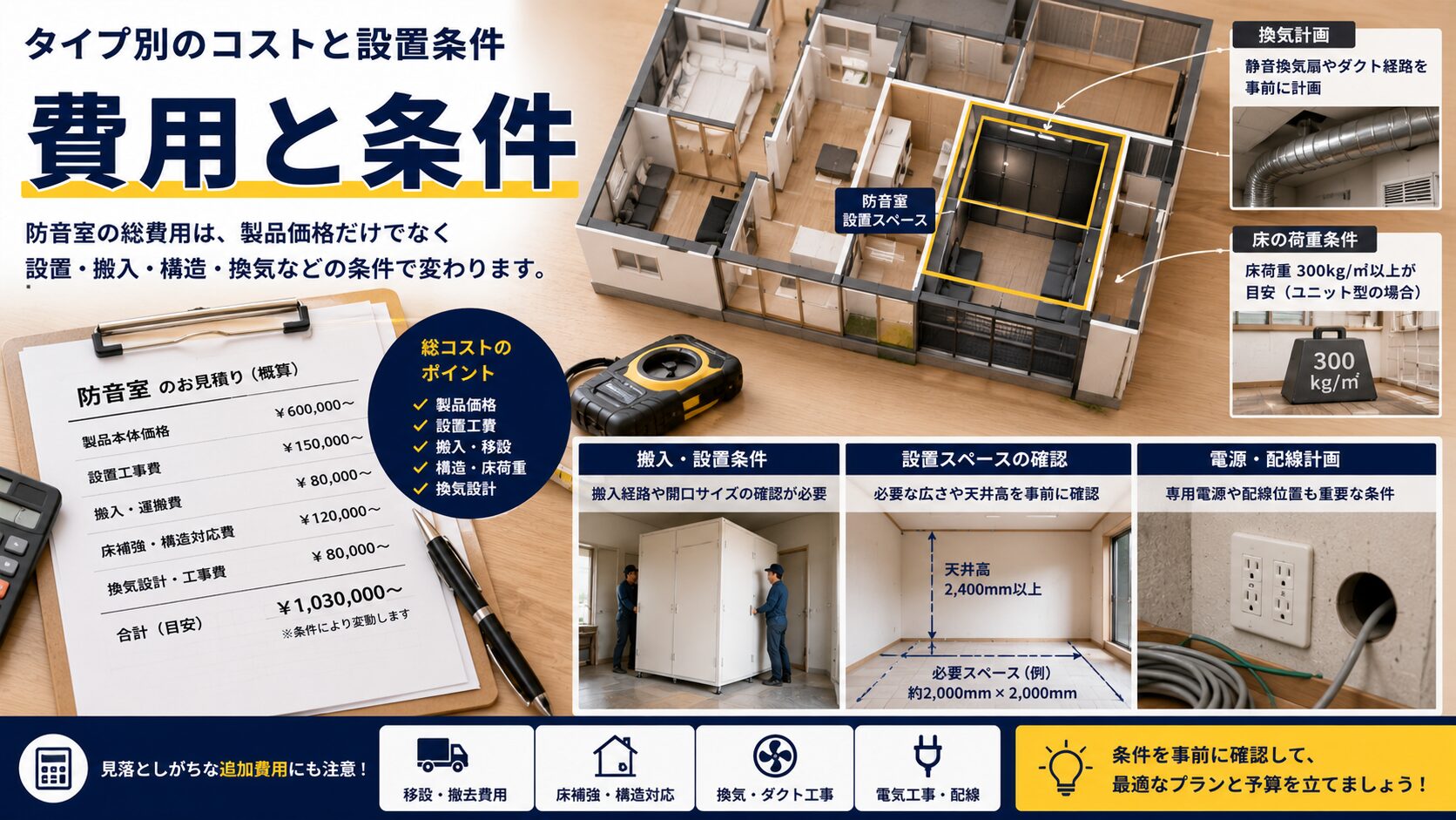 防音室タイプ別のコストと設置条件を示す画像