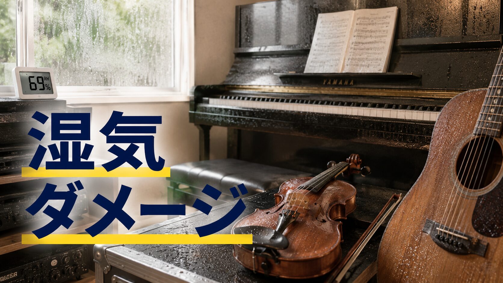 高湿度がピアノや弦楽器や電子機器に与えるダメージを示す画像