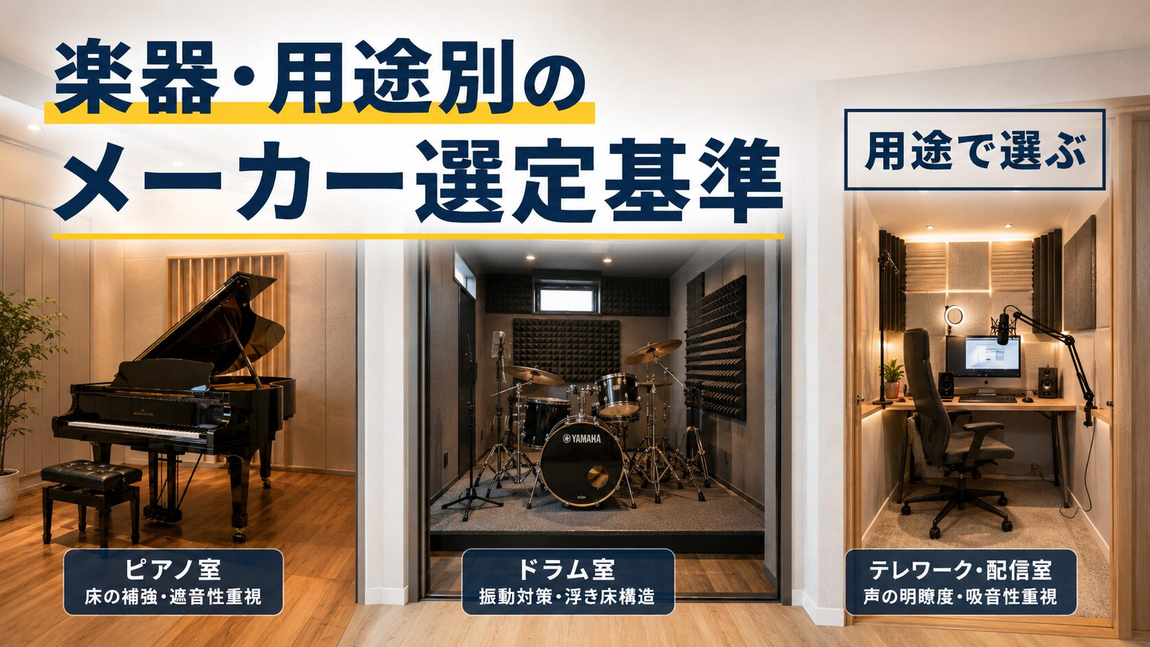 ピアノやドラムや配信用途に合わせて防音室を選ぶイメージ