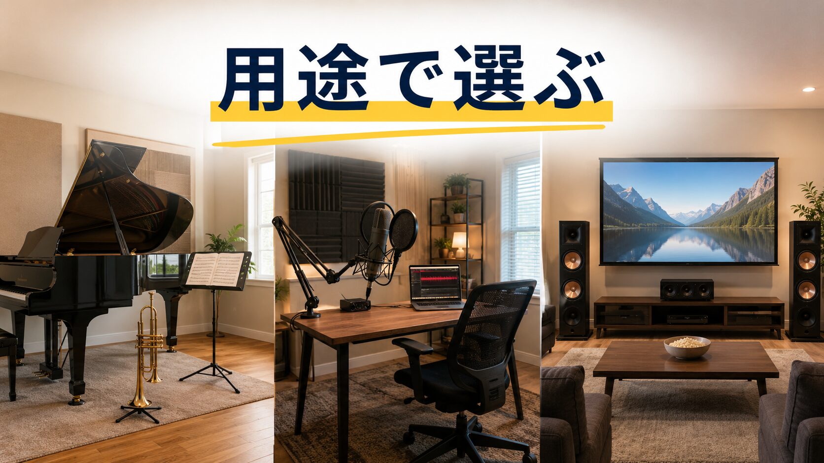 楽器演奏・音声収録・音楽鑑賞の用途別に部屋を選ぶイメージ