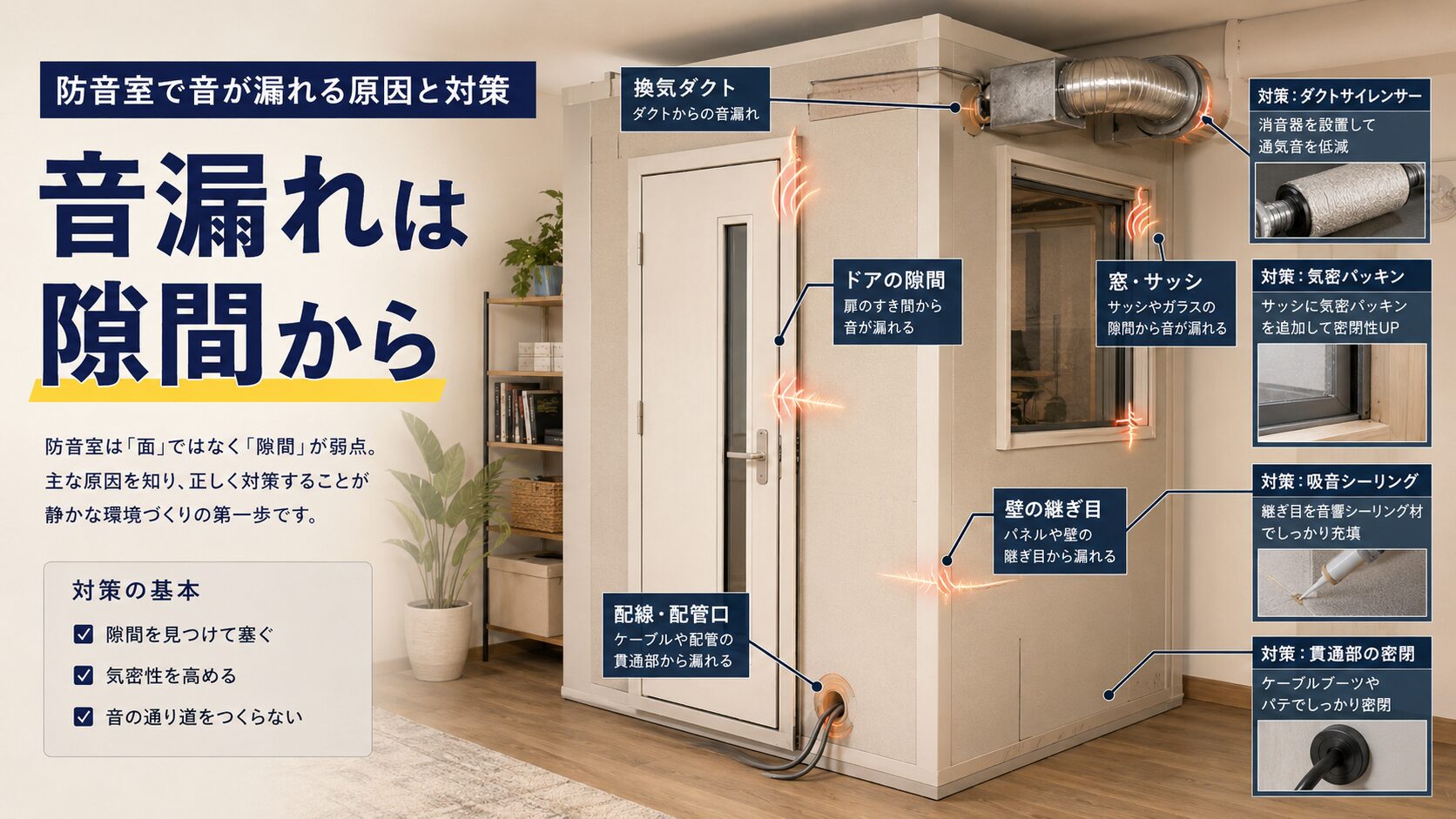 防音室で音が漏れる原因と対策を示す画像