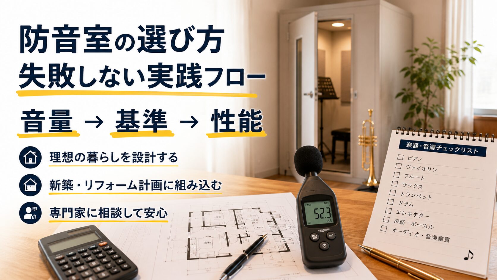 音量や住環境から防音室の必要性能を逆算する判断フローのイメージ