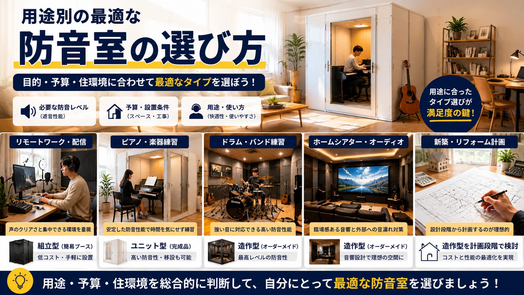 用途別に最適な防音室を選ぶ方法を示す画像