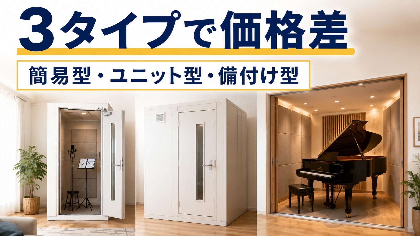 防音室の簡易型・ユニット型・備付け型の価格差を示す画像