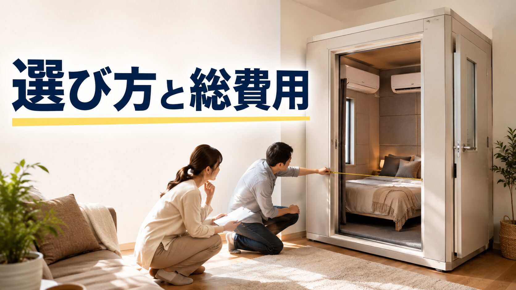 防音室の設置場所とベッドの配置を測りながら選ぶ様子の画像