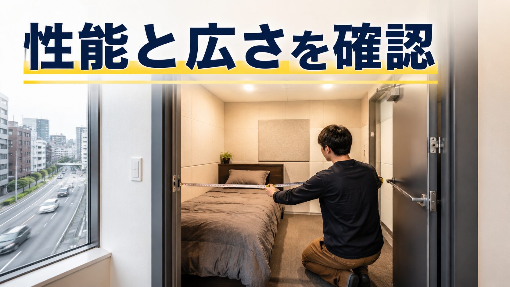 防音寝室の内寸とベッドを置ける広さを測定している画像