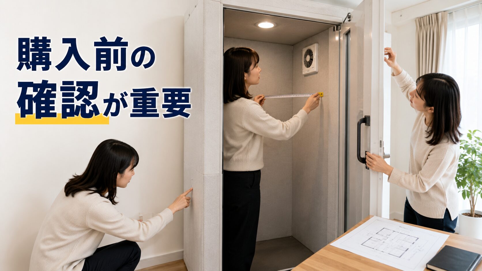 1畳防音室の内寸や換気や設置条件を購入前に確認する様子