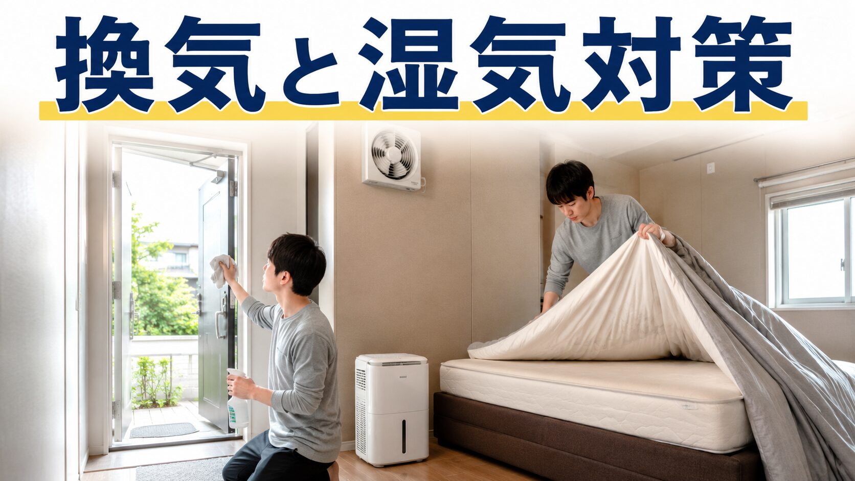 防音寝室の換気を行い寝具の湿気と換気口を手入れする画像