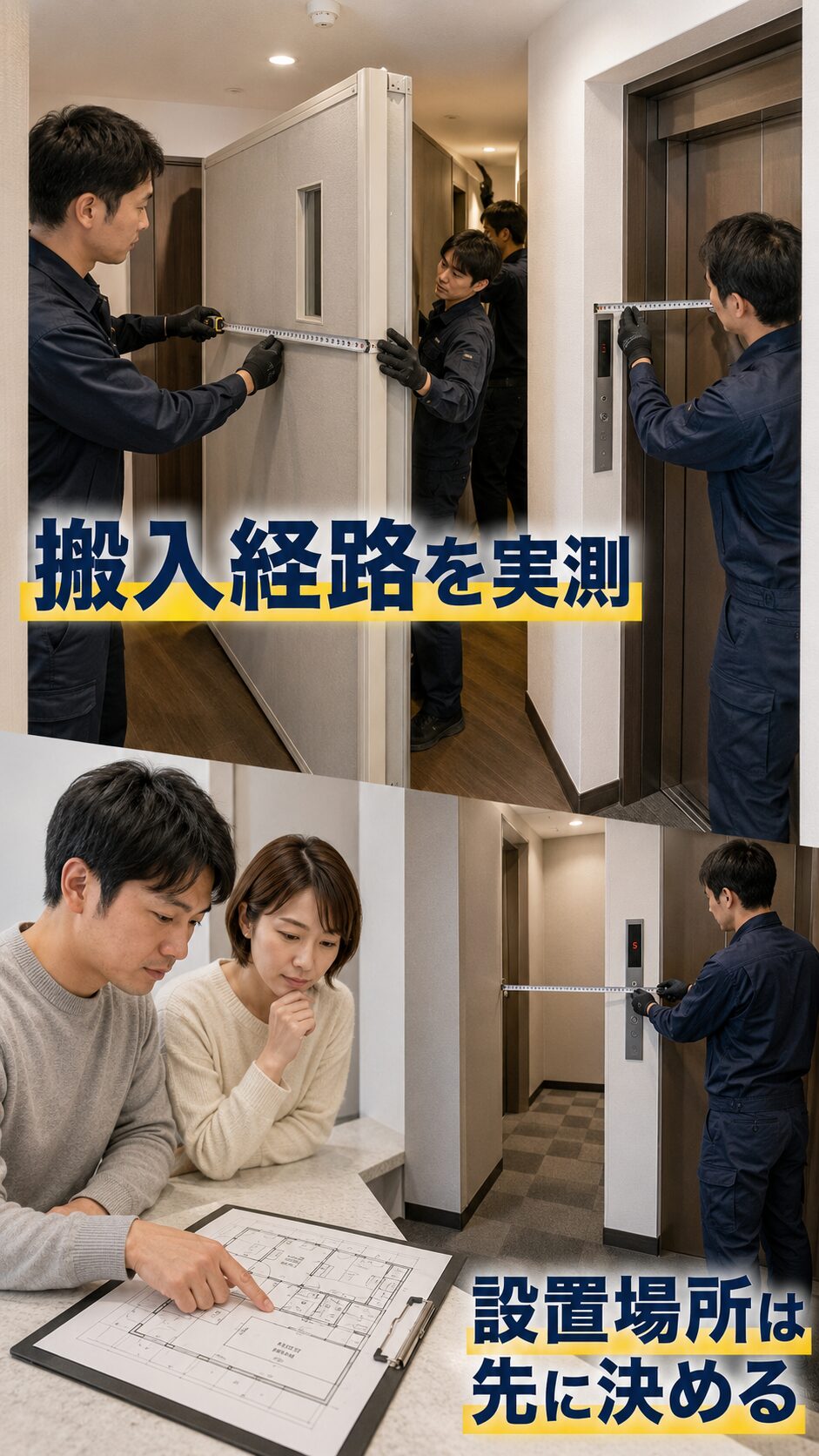 防音室のパネルが廊下やエレベーターを通れるか測る様子