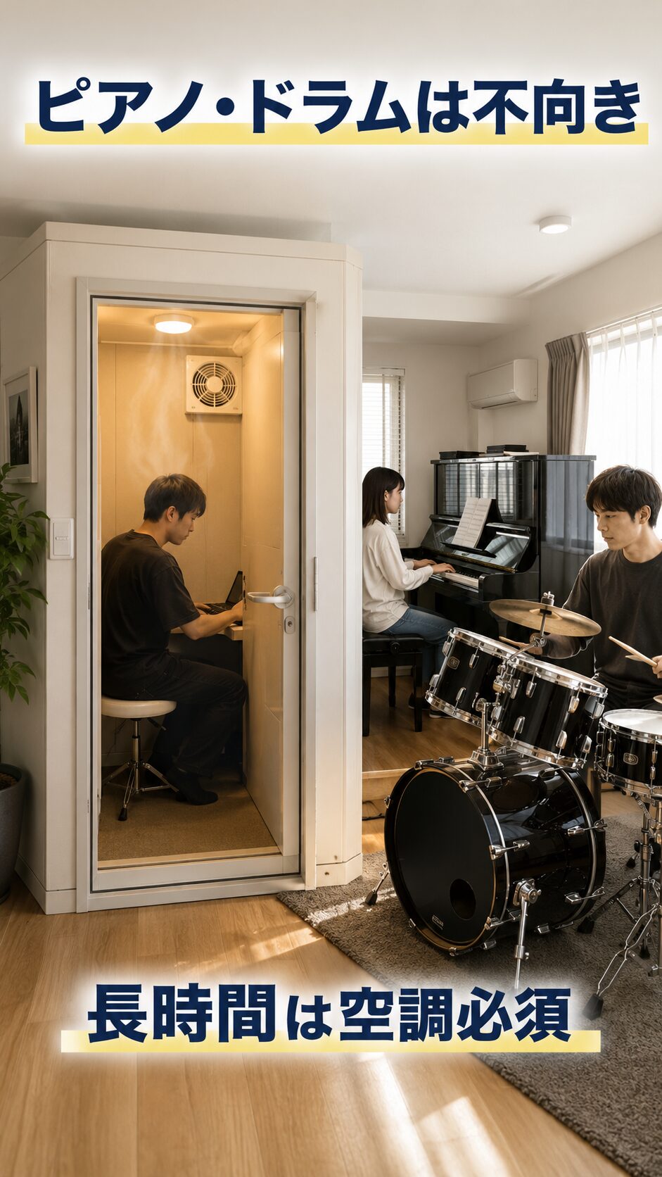 ピアノやドラムや複数人には1畳防音室が狭すぎる様子